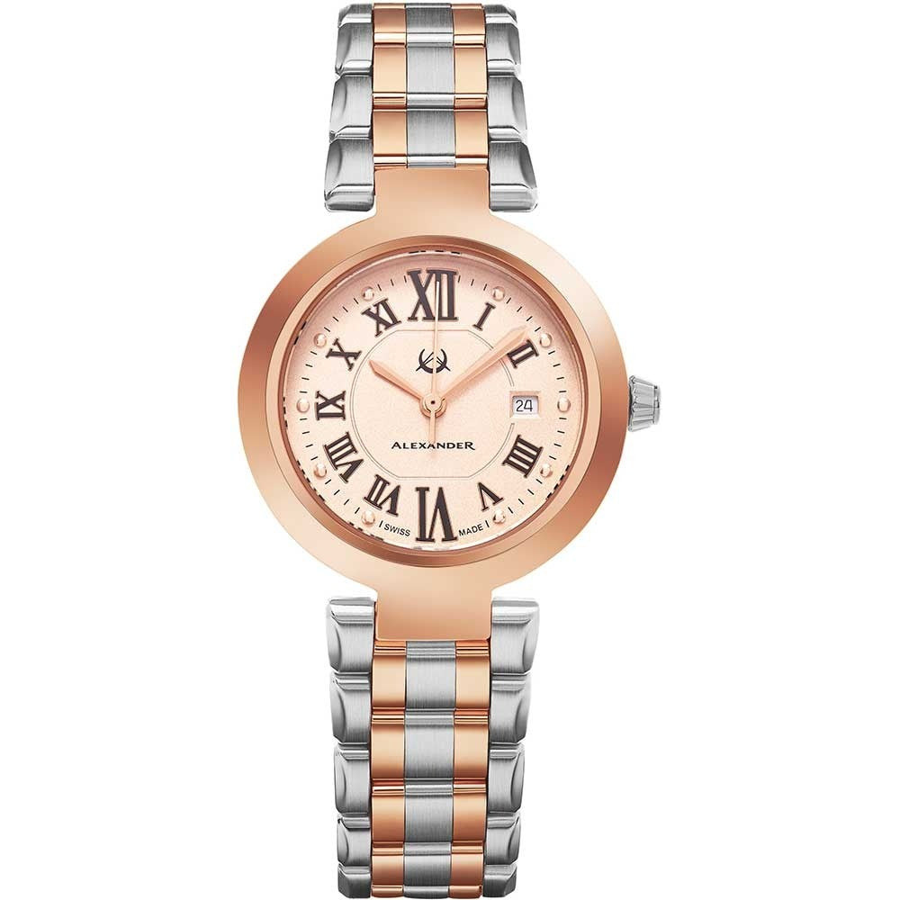 Alexander Ladies Quartz Small-second Date Watch with Rose Gold Tone Stainless Steel Case on Rose Gold Tone Stainless Steel and Stainless Steel Bracelet, Silver Dial