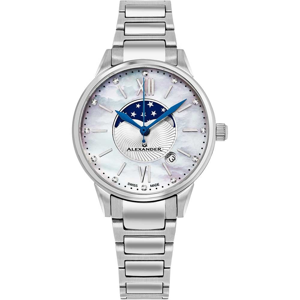 Women's 26mm Sun-Moon Phase Silver Watch with Black Leather Strap