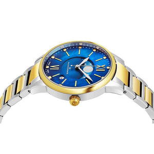 Alexander Ladies Quartz Moonphase Date Watch with Yellow Gold Tone Stainless Steel Case on Yellow Gold Tone Stainless Steel and Stainless Steel Bracelet, Blue Dial