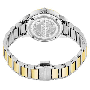 Alexander Ladies Quartz Moonphase Date Watch with Yellow Gold Tone Stainless Steel Case on Yellow Gold Tone Stainless Steel and Stainless Steel Bracelet, Blue Dial