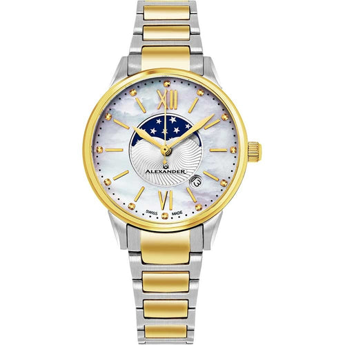 Alexander Ladies Quartz Moonphase Date Watch with Yellow Gold Tone Stainless Steel Case on Yellow Gold Tone Stainless Steel and Stainless Steel Bracelet, Silver Dial