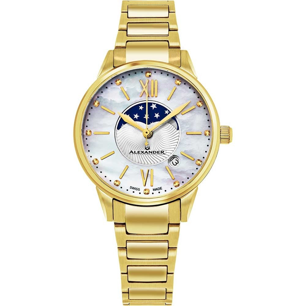 Alexander Ladies Quartz Moonphase Date Watch with Yellow Gold Tone Stainless Steel Case on Yellow Gold Tone Stainless Steel Bracelet, Silver Dial