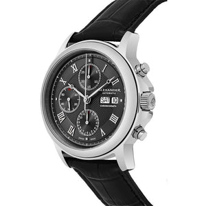 Alexander Mens Automatic Chronograph Watch with Stainless Steel Case on Black leather strap, Black Dial