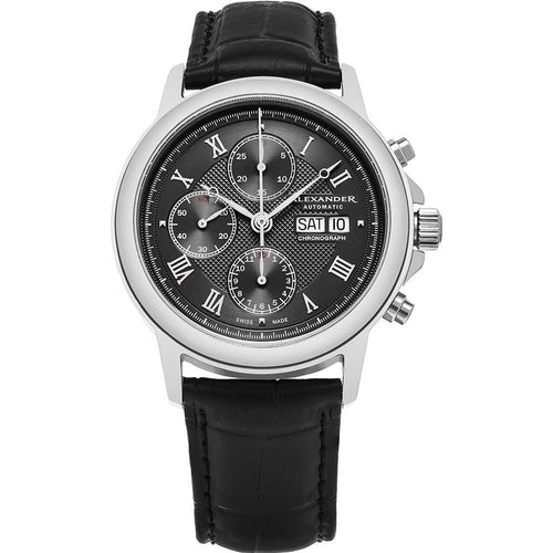 Alexander Mens Automatic Chronograph Watch with Stainless Steel Case on Black leather strap, Black Dial