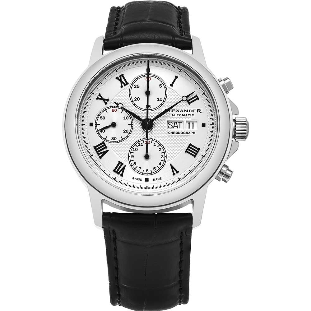 Alexander Mens Automatic Chronograph Watch with Stainless Steel Case on Black leather strap, Silver Dial