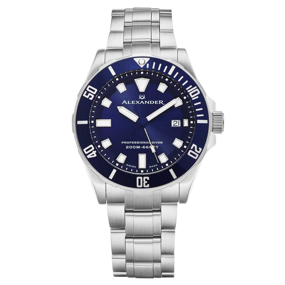 Alexander Vathos Quartz Blue Dial Silver Tone Bracelet Men's Diver Watch