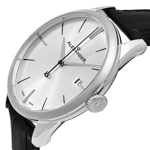Alexander Sophisticate Swiss Quartz Silver Tone Case Leather Strap Men's Watch