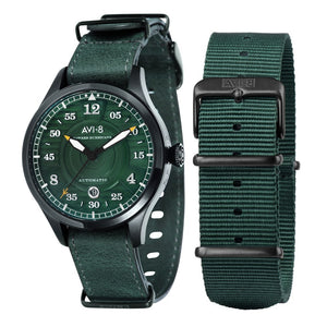 AVI-8 Hawker Hurricane Black Tone Green Dial Genuine Leather Nato Strap Men's Watch